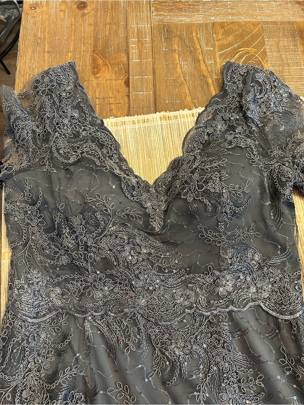 Lace-Embellished Soapstone Grey V-Neck MOB dress.